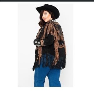 Leather Gallery black and brown fringe Native American bone jacket